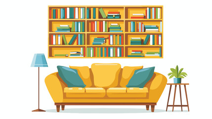Bookcase and sofa with lamp. Flat style vector illustration
