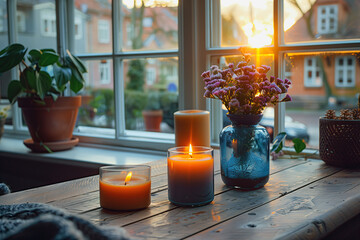 Brennende Kerzen und ein Blumenstrauß in einer Glasvase auf einem Holztisch bei untergehender Sonne, die durch das Fenster scheint.