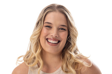 Smiling young plus-size Caucasian female model, with subtle makeup on a white background - 792788600