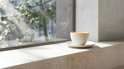 A solitary cafe latte sits atop a window sill, nestled within the sleek confines of polished concrete surroundings. The smooth lines of the architecture accentuate the composition