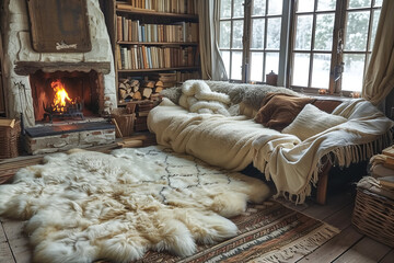 Gemütlicher Wohnraum mit Sofa, Wolldecken, Kissen vor brennendem Kamin im Winter.