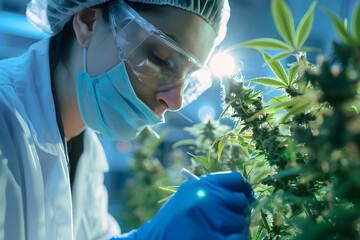 A professional in lab attire testing cannabis potency and quality, isolated on a laboratory blue background, reflecting scientific research and quality control  - obrazy, fototapety, plakaty