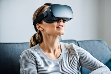 A chic wearing a virtual reality headset grinned while utilizing social media or gaming on her home sofa. Technological metaverse for a futuristic lifestyle.