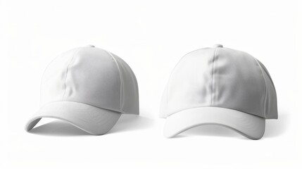 There are two views of the white baseball cap on a white background. A front view and a side view can be seen.