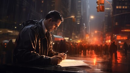 Fototapeta premium A man writing in the rain