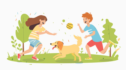 Boy girl and dog play ball in the park. Vector flat s