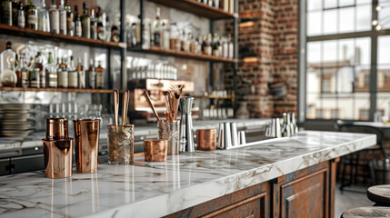 Marble bar counter with copper utensils and shelves with bottles - obrazy, fototapety, plakaty
