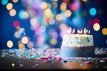 
Birthday cake with burning candles on bokeh background, closeup, Birthday cake with burning candles on blue background
