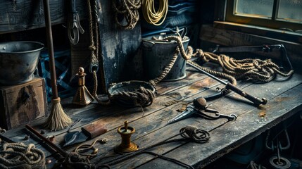 With a dark and stormy backdrop this portrait stands out with a stark contrast of light. The humble yet vital tools of a fishermans trade are carefully p on a rough wooden table creating .