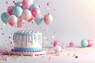 
Festive birthday party decorations on table with cake, present boxes and balloons on pastel color concept by AI Generated 