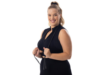 A Caucasian young female plus size model with white background, copy space