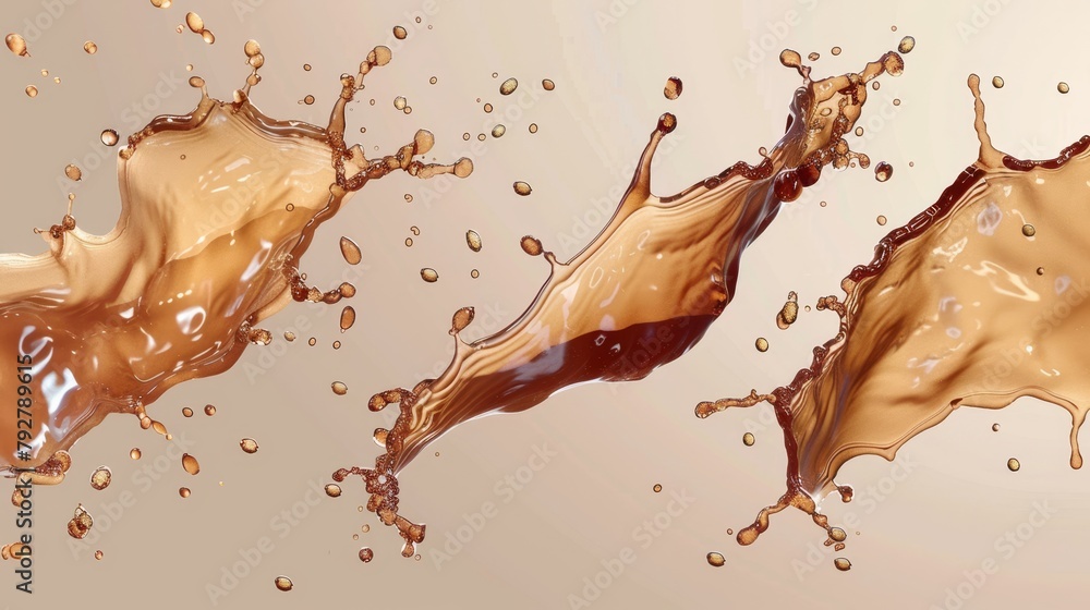 Poster solid background with splashes of coffee, tea or cola against a transparent background. set of reali