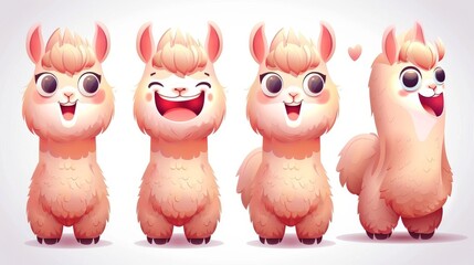 Naklejka premium An adorable llama smiling, happy, sad, and surprised surrounded by different emotions. Cartoon mascot set, sweet llama chatbot set.