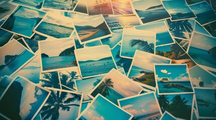 Photo backdrop with ripped paper effect showing photos from a scenic seaside vacation. Design, advertising, concept.