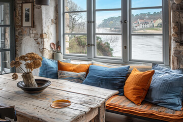 Gemütliche Sitzgelegenheit mit vielen Kissen vor rustikalem Holztisch, mit Blick durch ein Fenster auf einen Fluss. Hygge Stil. - obrazy, fototapety, plakaty