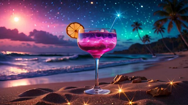 Glass with pink cocktail on seascape background