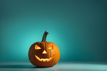 A glowing jack-o’-lantern with a classic carved face, set against a smooth turquoise gradient background. vibrant colors, spirit of Halloween and autumn festivities concept. generative ai
