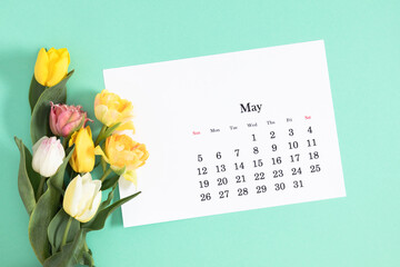 Flat lay of paper desk calendar for May 2024, top view. A bouquet of bright colorful tulips on a pastel mint background.