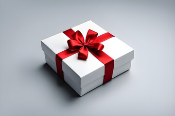 Obraz premium A white gift box with a glossy red ribbon, centered on a grey backdrop, minimalistic style. ideal for celebration, surprise and gifting. generative ai