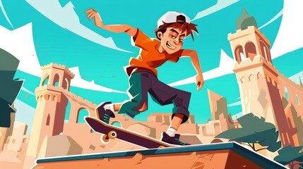This cartoon landing page features a teenager skating at a skate park