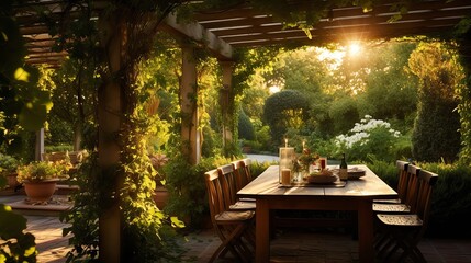 A rustic vinecovered pergola in a lush garden, with sunlight filtering through the leaves, creating a tranquil and romantic outdoor dining area