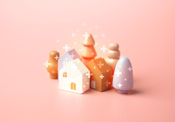 Houses with improvement or replenishment benefits on a pink background. Wooden figurines toys. Buy a house. Good housing. Mortgage. Pastel pink colors.