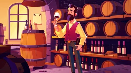Cartoon posters of sommeliers in wine shops with wine glasses in hand. Seller examines beverage in store with alcohol drink barrels and bottles, modern invitation cards. - obrazy, fototapety, plakaty