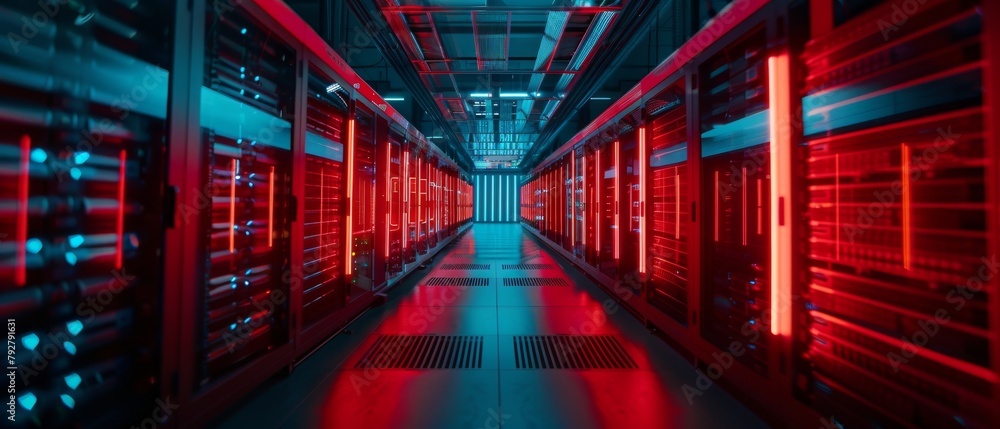 Poster a picture of a working data center with rows of rack servers.
