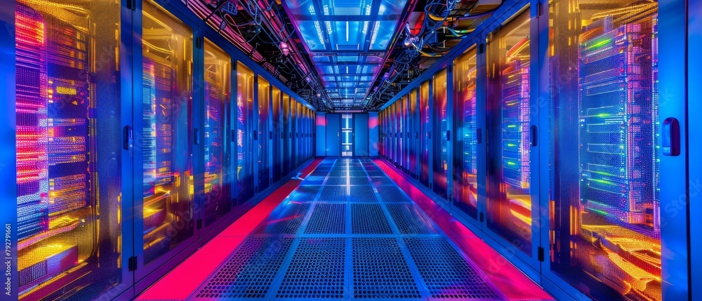 Poster an image of a working data center corridor with rack servers and supercomputers.
