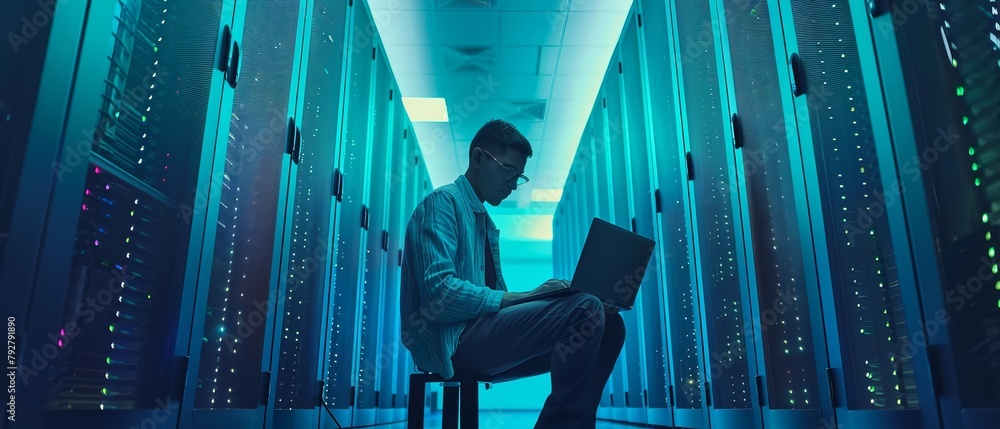 Aufkleber work on a laptop in a massive data center full of rack servers. perform diagnostics and maintenance,