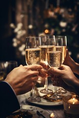 Friends toasting with champagne at a sophisticated dinner party, their elegant attire adding to the ambiance of celebration and luxury