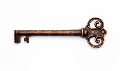 Single antique key, rusted and textured, isolated on a stark white background, mystery or security concept