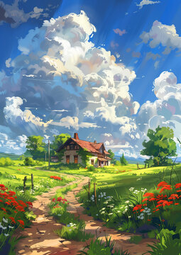 beautiful farm house with large clouds in the sky, a dirt road leading to it