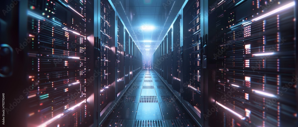 Poster the corridor in a large working data center is full of rack servers and supercomputers.