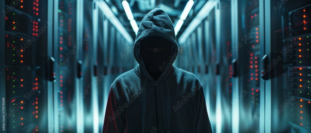 Poster a masked hacker in a hoodie stands in front of rows of working rack servers in a corporate data cent