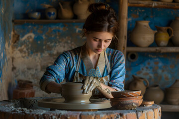 A potter molding clay on a spinning wheel, concentration visible on her face, isolated on a creativity earth background, emphasizing art and craftsmanship  - obrazy, fototapety, plakaty