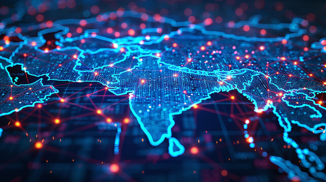 Digital map of Asia, concept of global network and connectivity, data transfer and cyber technology, business exchange, information and telecommunication