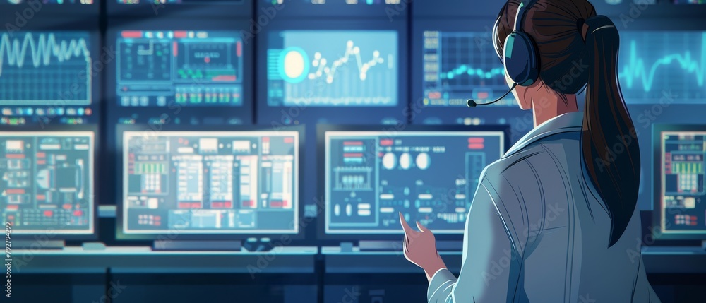 Aufkleber using a headset, a woman working in a system control center gives instructions. possible themes incl