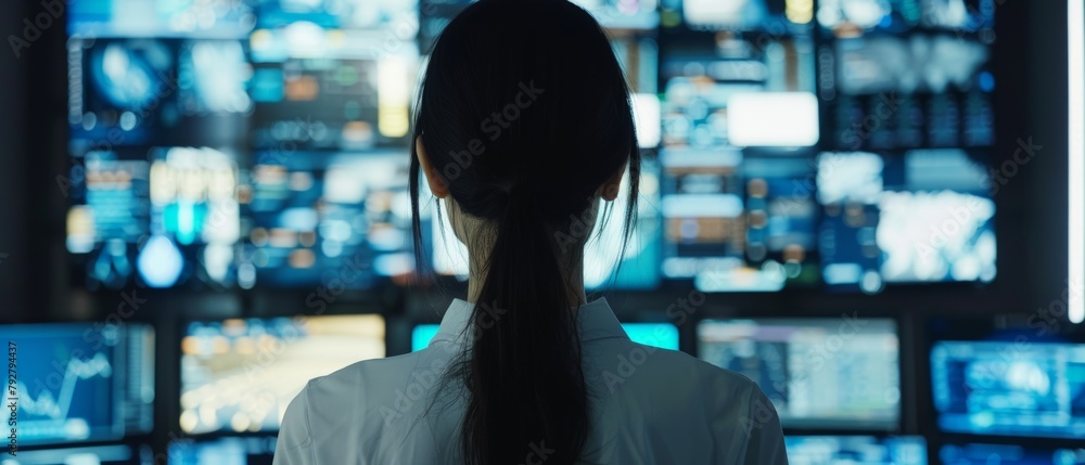 Poster she is working with multiple displays in the monitoring room. this is over the shoulder video of a f