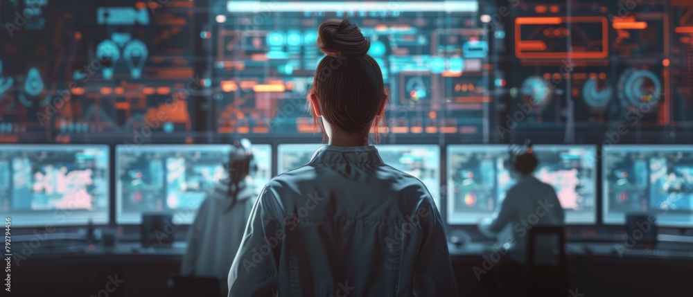 Poster an engineer controller observes the workings of the system. in the background, people work and monit