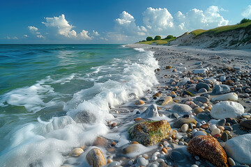Küstenlandschaft mit steinigem Strand, Sand, Dünen.