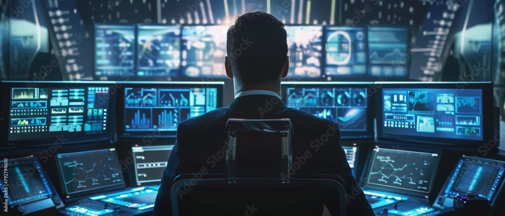 Poster various technical data is displayed on multiple displays at the workstation of the technical control