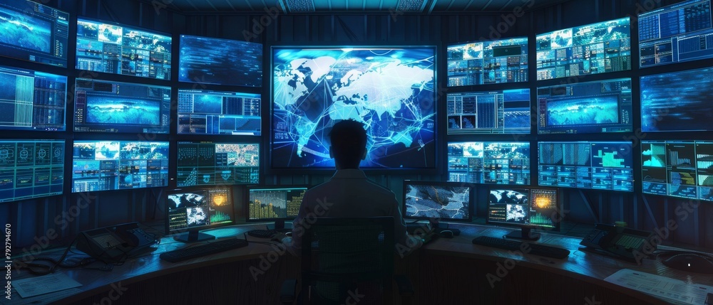 Poster working at a system control center with many screens displaying different types of information.
