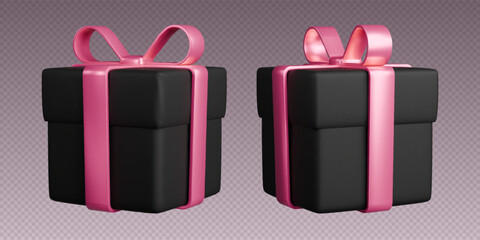 Gift boxes with ribbons, realistic 3d black boxes with pink bows. Surprise gift, vector illustration.