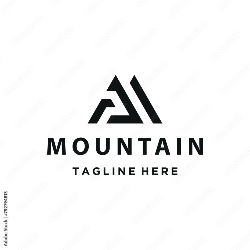 Poster initial letters m mp pm with mountain shape for mountain top view logo design