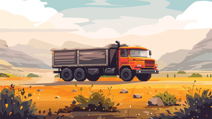 Cargo truck with a driver on a landscape background.