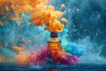 An artfully captured moment of bursting ink clouds from a bottle, implying a release of potential and ideas - obrazy, fototapety, plakaty