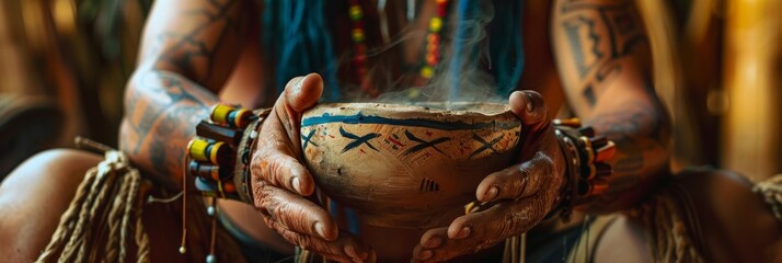 Hands of a shaman as he serves an ayahuasca decoction to participants
