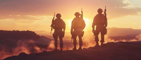 In the light of the sunset, three fully equipped and armed soldiers stand on a hill in a desert environment. - obrazy, fototapety, plakaty
