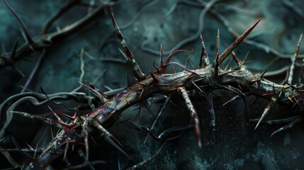 Crown of thorns, intertwining branches and sharp thorns with intricate detail and texture - obrazy, fototapety, plakaty